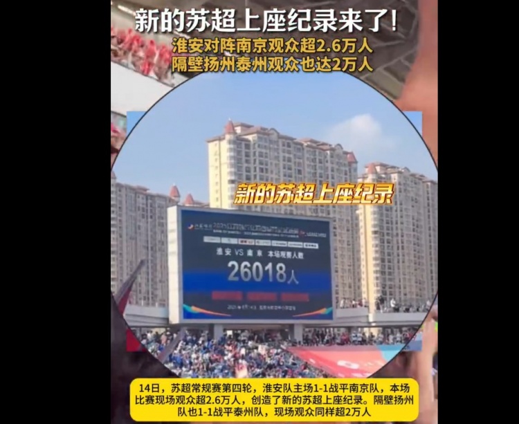 26018人！淮安主場(chǎng)對(duì)陣南京，創(chuàng)造蘇超上座人數(shù)紀(jì)錄