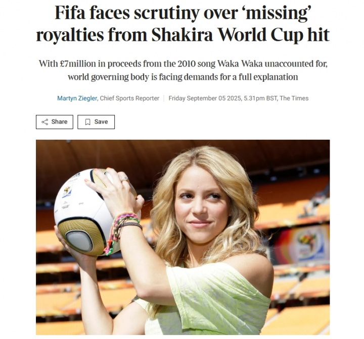 700萬鎊去向不明！英媒：FIFA被要求解釋《Waka Waka》的版稅用途