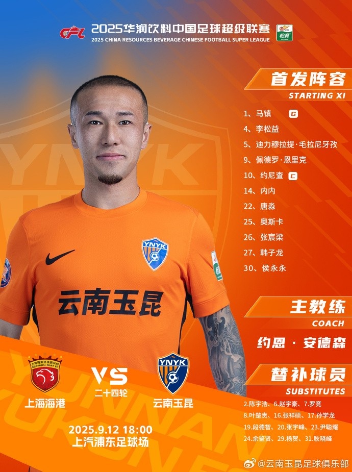 上海海港vs云南玉昆 本場比賽首發陣容出爐